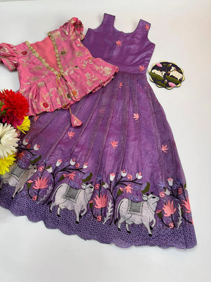 Pichwai Trending Gown With Coat For Kids- Pink-Lilac