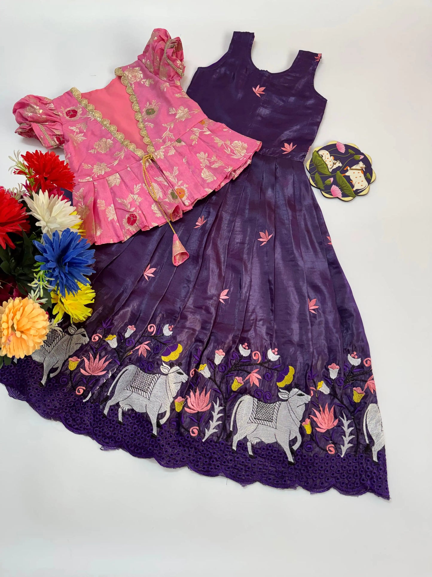 Pichwai Trending Gown With Coat For Kids- Pink-Purple