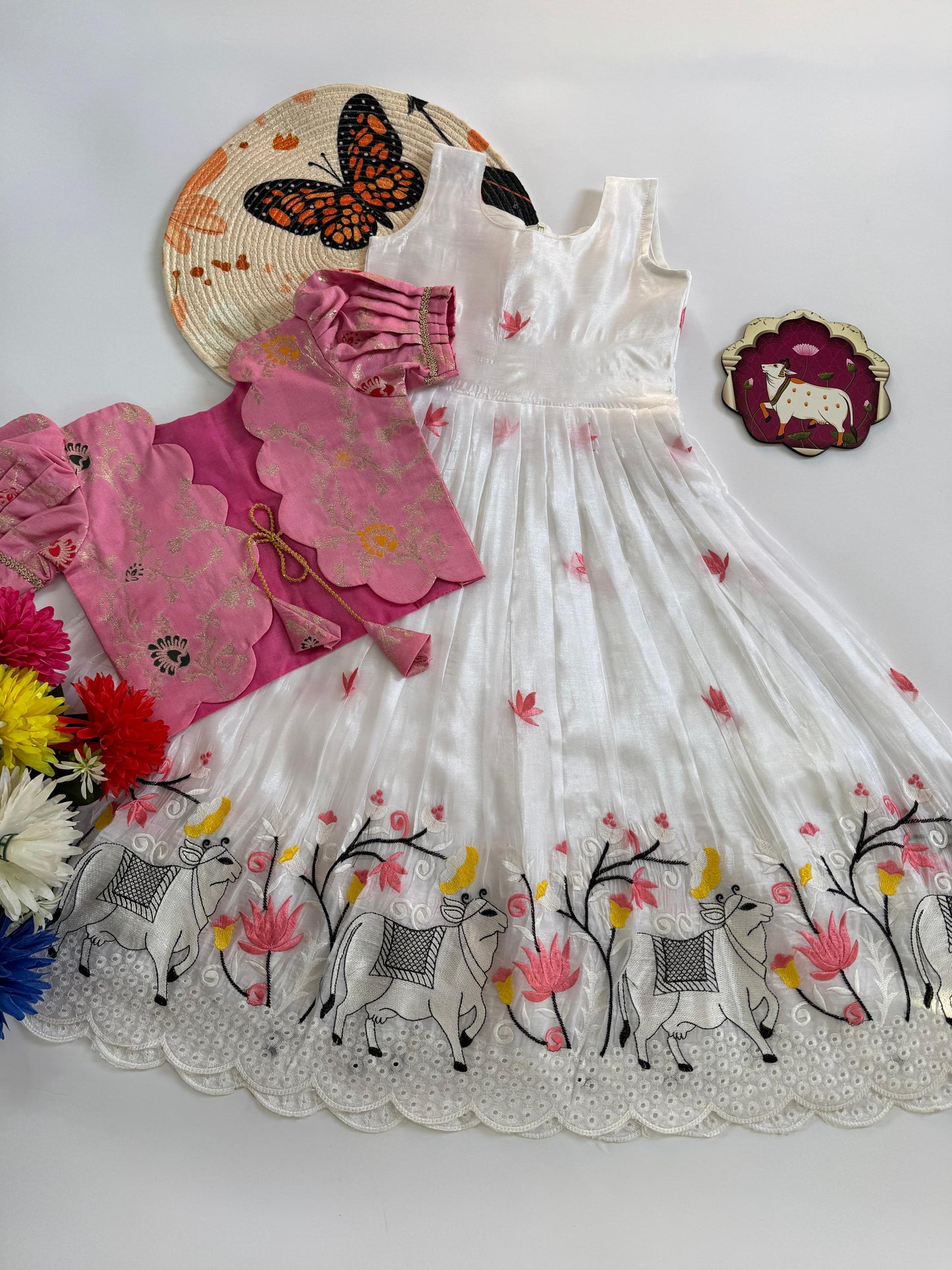 Kids Pongal Trending Pichwai Gown with Coat - White & Pink