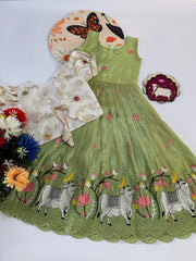Kids Pongal Trending Pichwai Gown with Coat - Pista & White