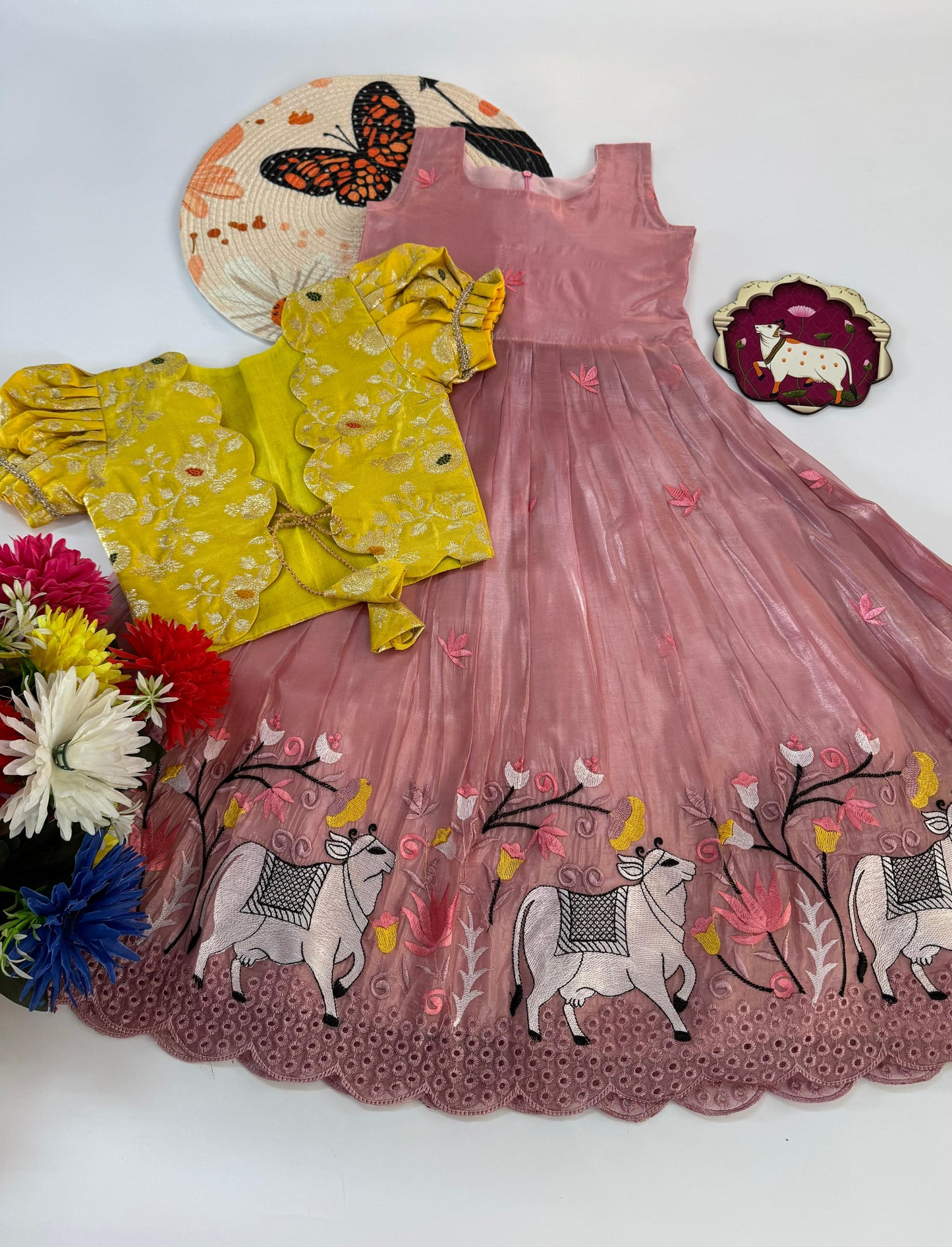 Kids Pongal Trending Pichwai Gown with Coat - Baby-Pink & Yellow