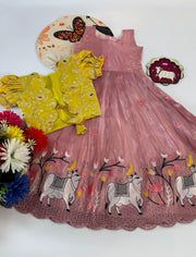 Kids Pongal Trending Pichwai Gown with Coat - Baby-Pink & Yellow