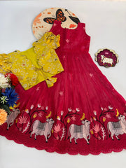 Kids Pongal Trending Pichwai Gown with Coat - Pink & Yellow