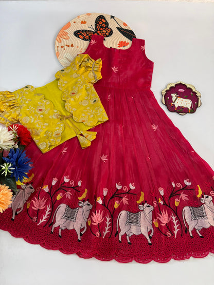 Kids Pongal Trending Pichwai Gown with Coat - Pink & Yellow