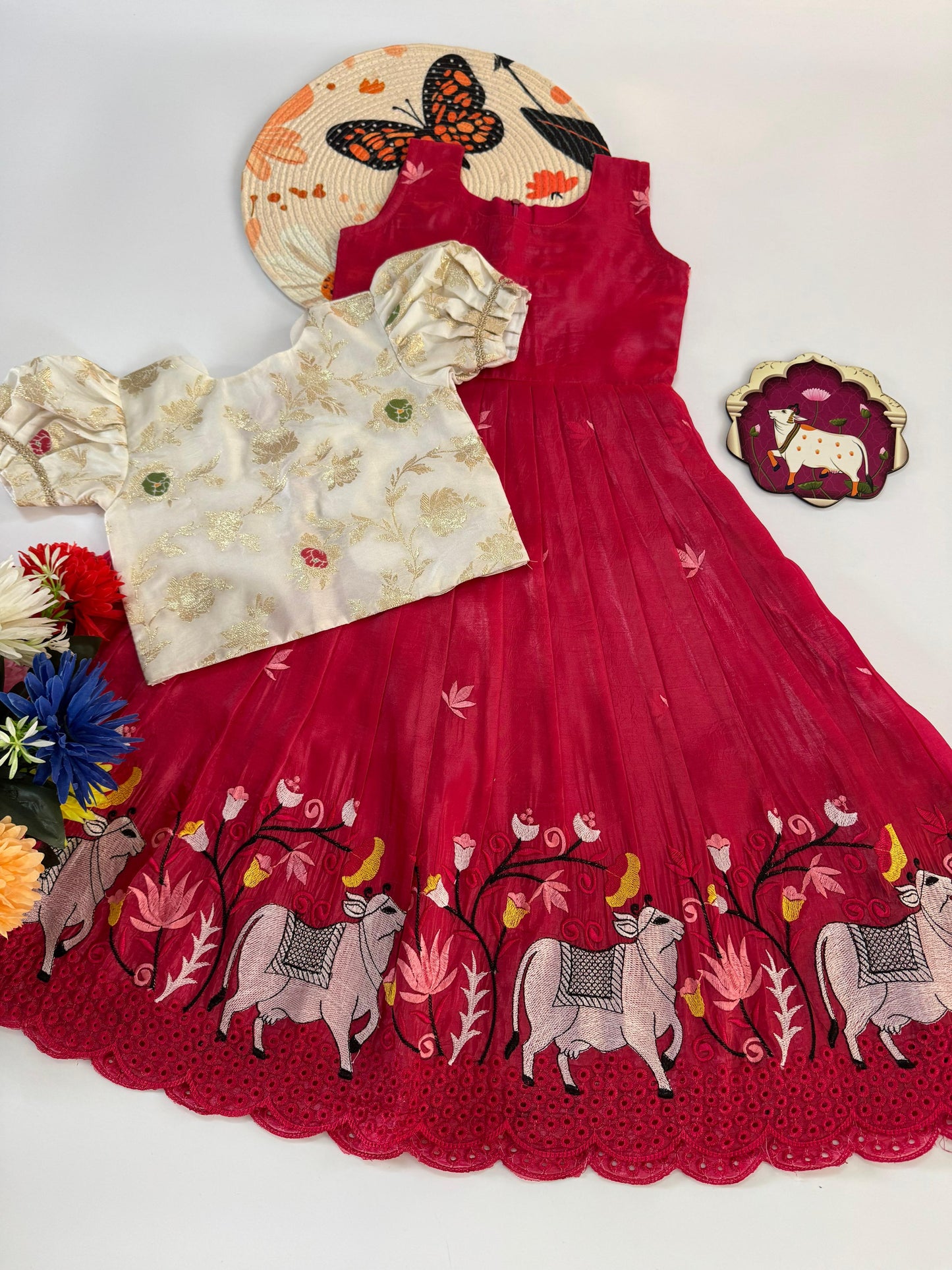 Kids Pongal Trending Pichwai Gown with Coat - Pink & White