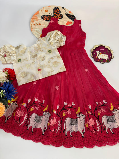 Kids Pongal Trending Pichwai Gown with Coat - Pink & White