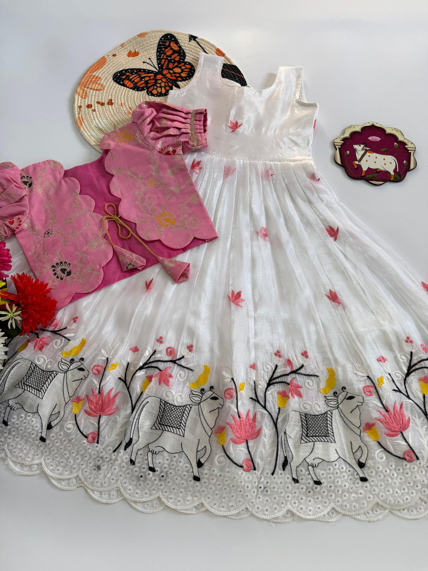 Kids Pongal Trending Pichwai Gown with Coat - White & Pink