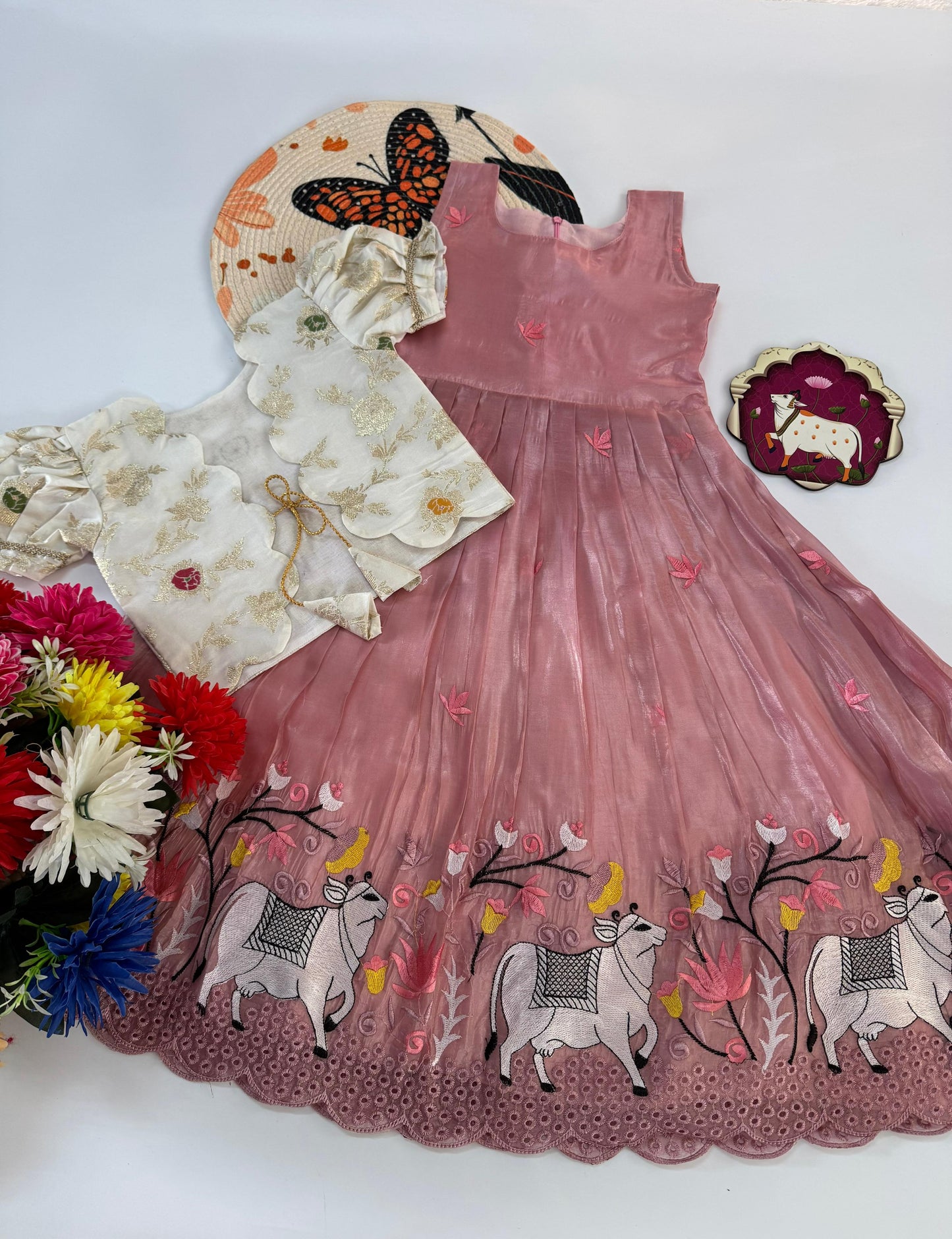 Kids Pongal Trending Pichwai Gown with Coat - Baby Pink & White