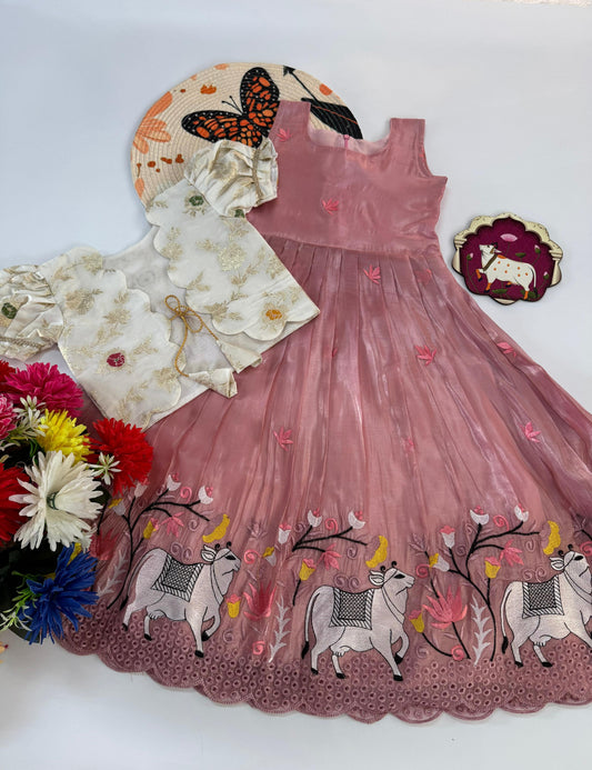 Kids Pongal Trending Pichwai Gown with Coat - Baby Pink & White