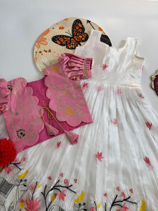 Kids Pongal Trending Pichwai Gown with Coat - White & Pink