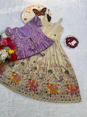 Kids Elephant Embroidery Gown & Coat - Cream & Lilac