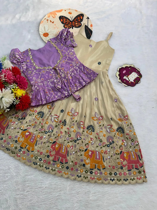 Kids Elephant Embroidery Gown & Coat - Cream & Lilac