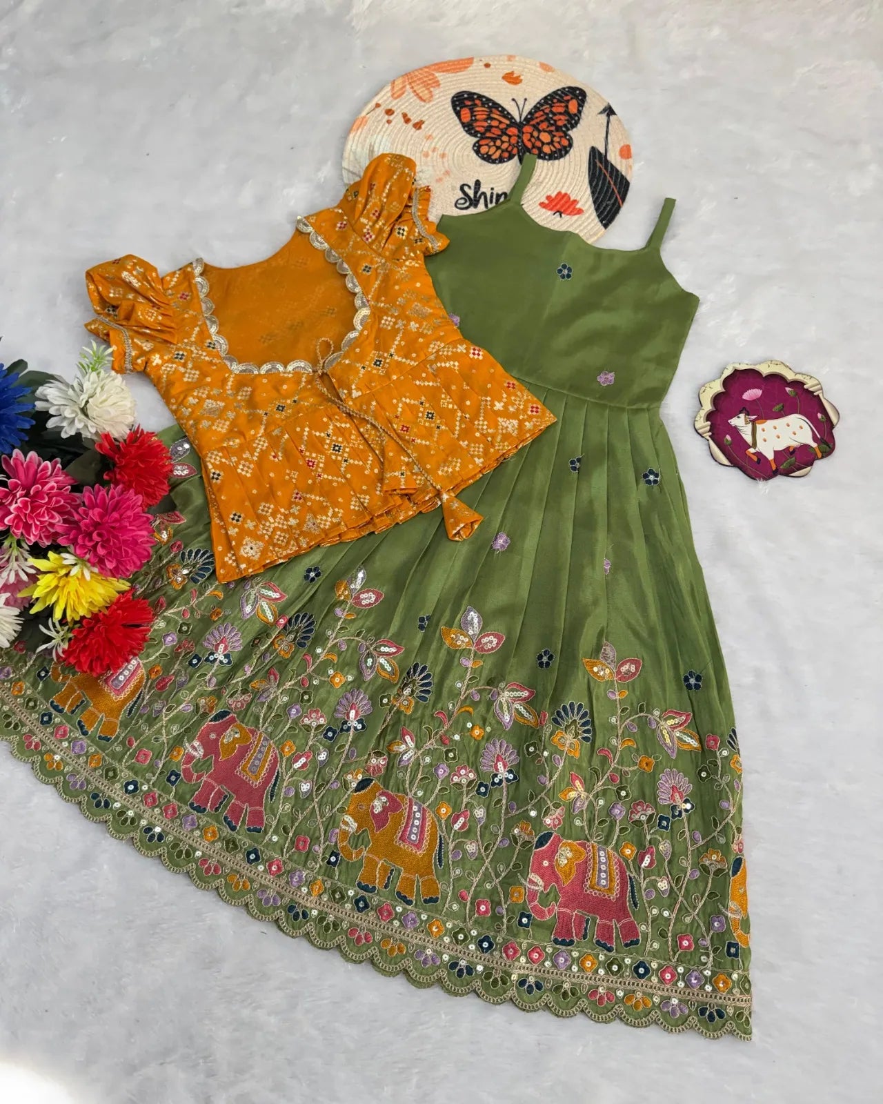 Kids Elephant Embroidery Gown & Coat - Mehndi & Yellow