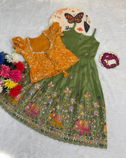 Kids Elephant Embroidery Gown & Coat - Mehndi & Yellow