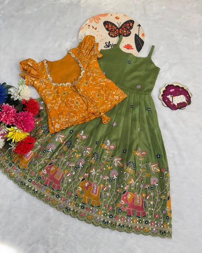 Kids Elephant Embroidery Gown & Coat - Mehndi & Yellow