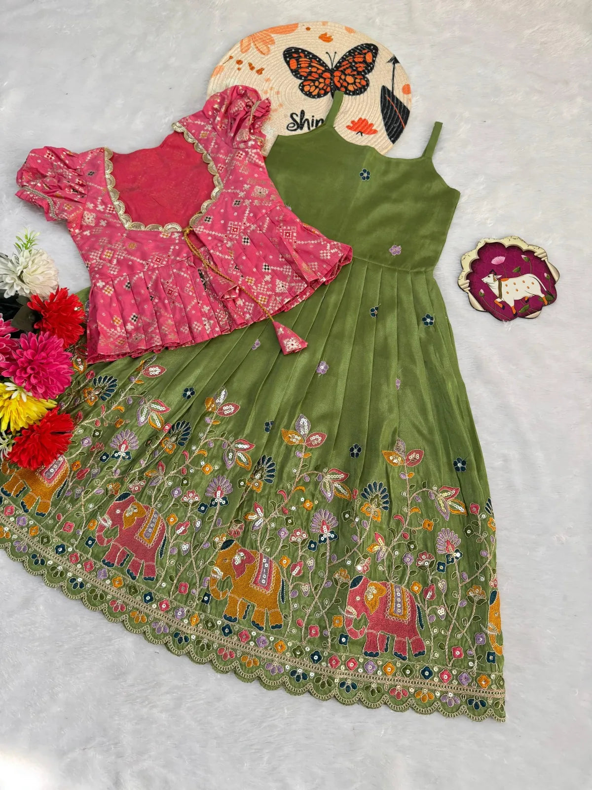 Kids Elephant Embroidery Gown & Coat - Mehndi & Pink