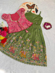 Kids Elephant Embroidery Gown & Coat - Mehndi & Pink