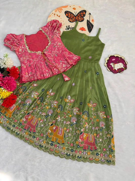 Kids Elephant Embroidery Gown & Coat - Mehndi & Pink
