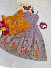 Kids Elephant Embroidery Gown & Coat - Lilac & Yellow