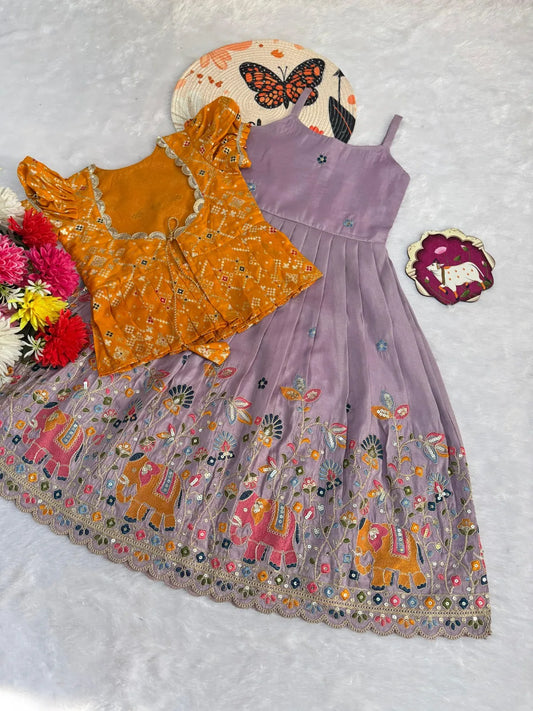 Kids Elephant Embroidery Gown & Coat - Lilac & Yellow