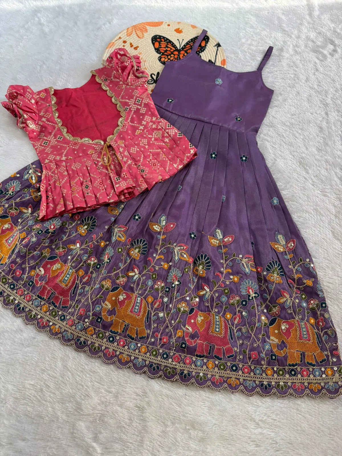 Kids Elephant Embroidery Gown & Coat - Purple & Pink