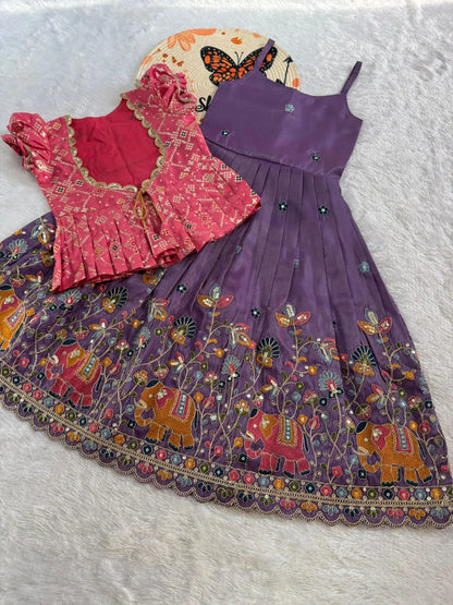 Kids Elephant Embroidery Gown & Coat - Purple & Pink