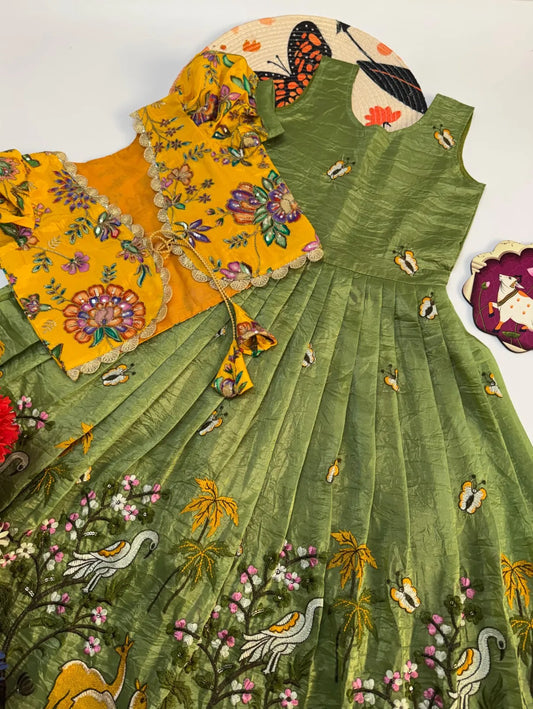 Kids Designer Gown with Position Print Coat - Pista