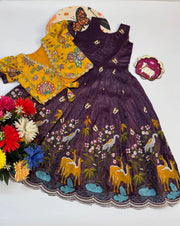 Kids Designer Gown with Position Print Coat - Purple