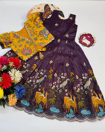 Kids Designer Gown with Position Print Coat - Purple