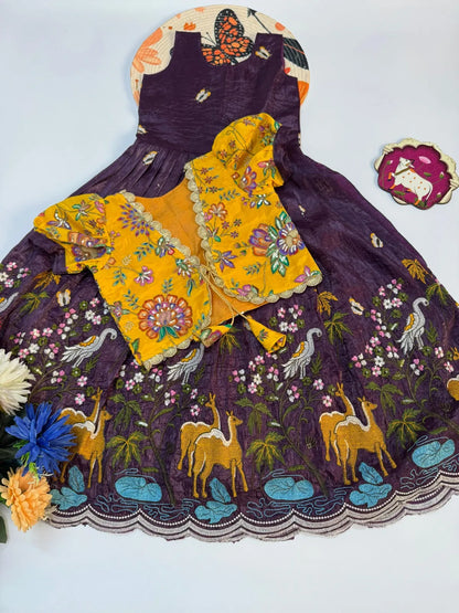 Kids Designer Gown with Position Print Coat - Purple