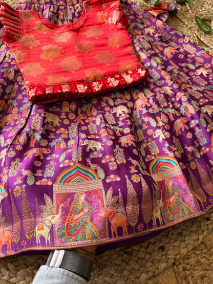 Jungle Theme Position Zari & Thread Work Kids Lehenga - Red & Purple