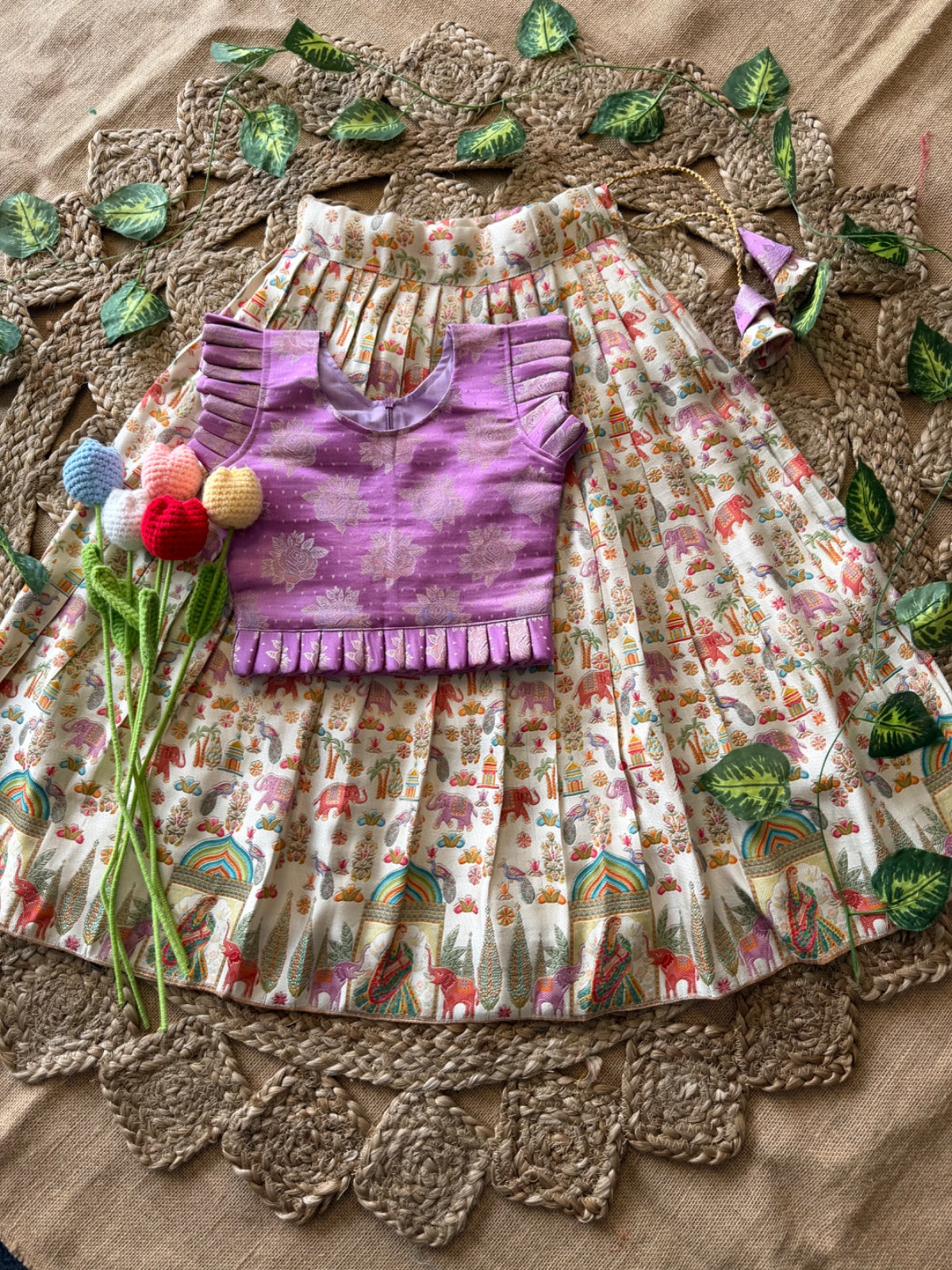 Jungle Theme Position Zari & Thread Work Kids Lehenga - Lilac & Cream