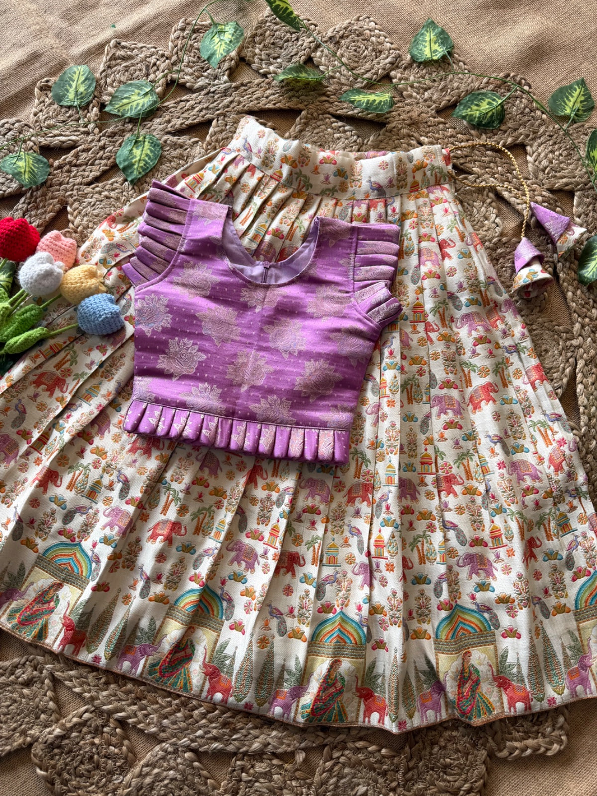 Jungle Theme Position Zari & Thread Work Kids Lehenga - Lilac & Cream