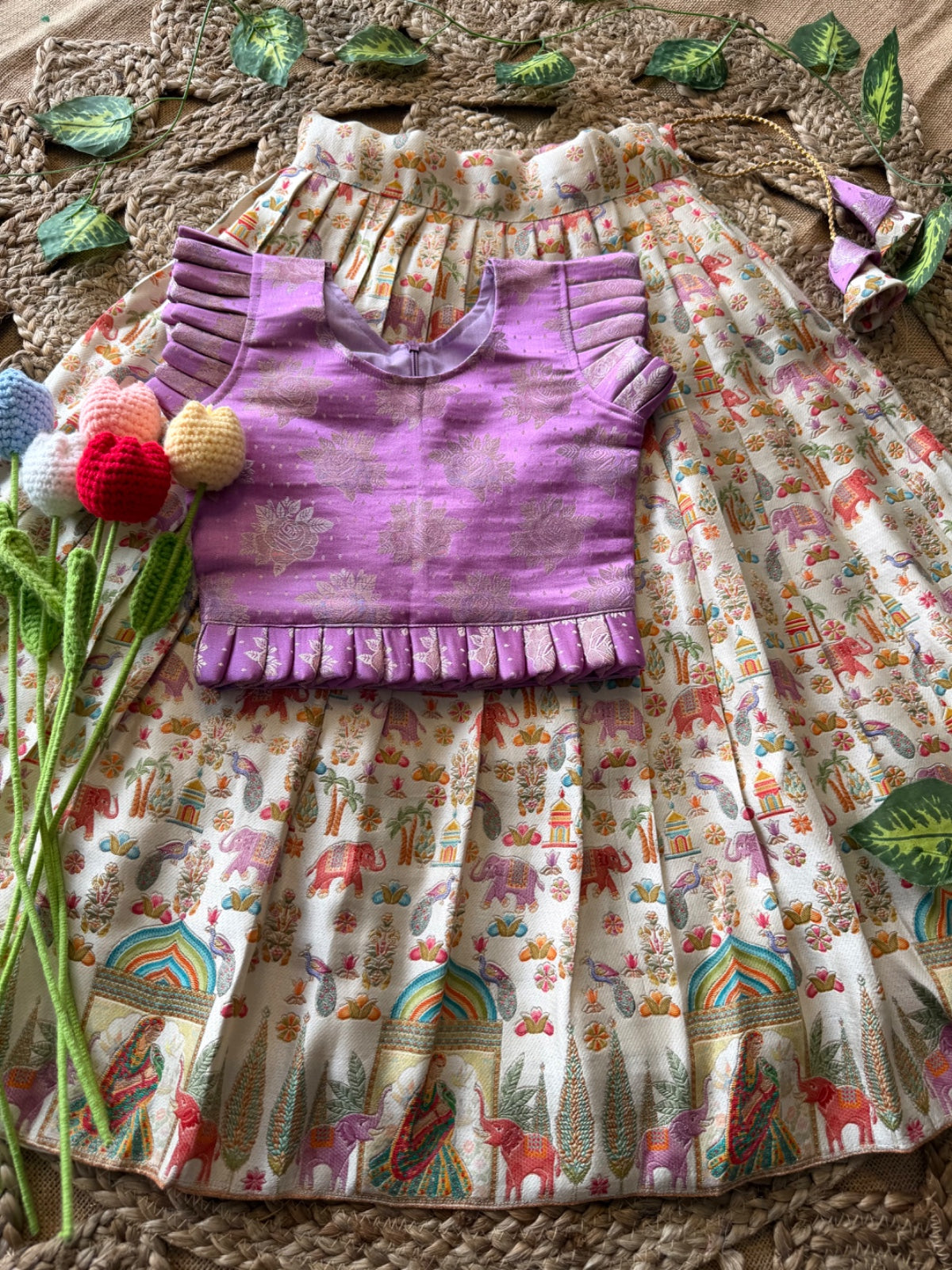 Jungle Theme Position Zari & Thread Work Kids Lehenga - Lilac & Cream