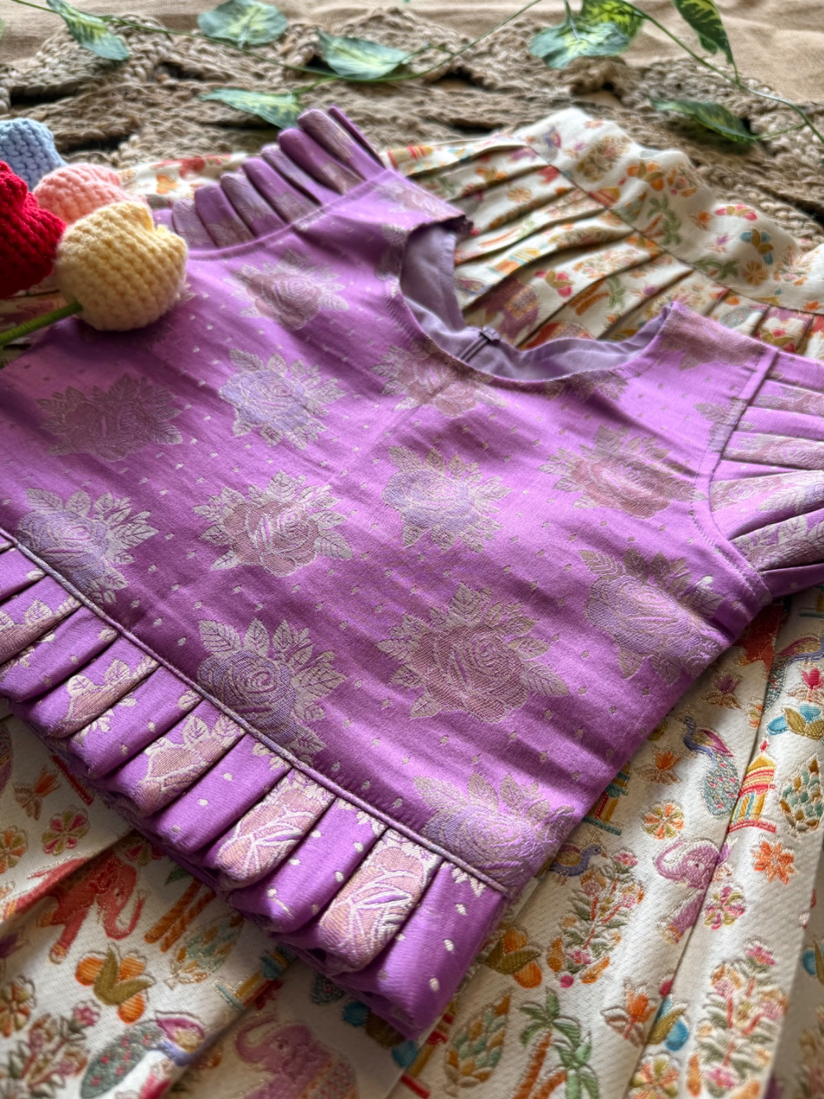 Jungle Theme Position Zari & Thread Work Kids Lehenga - Lilac & Cream