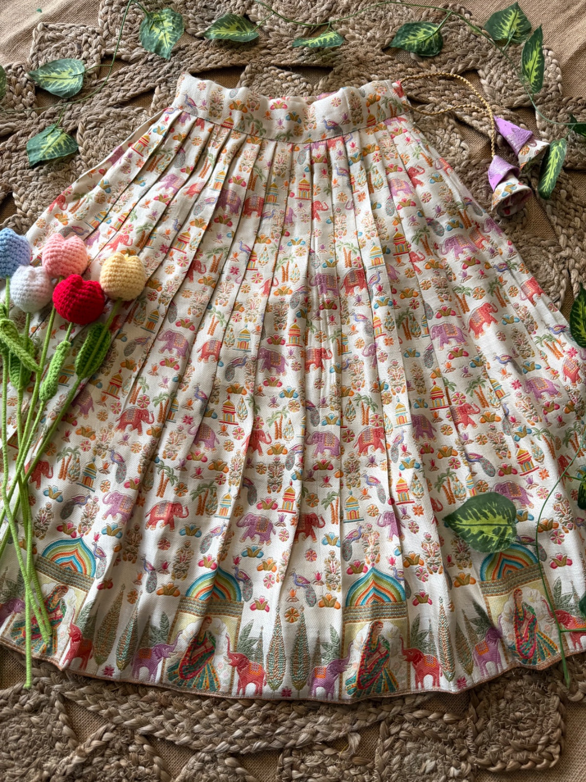 Jungle Theme Position Zari & Thread Work Kids Lehenga - Lilac & Cream