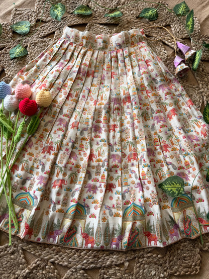 Jungle Theme Position Zari & Thread Work Kids Lehenga - Lilac & Cream