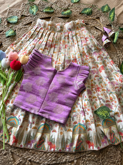 Jungle Theme Position Zari & Thread Work Kids Lehenga - Lilac & Cream