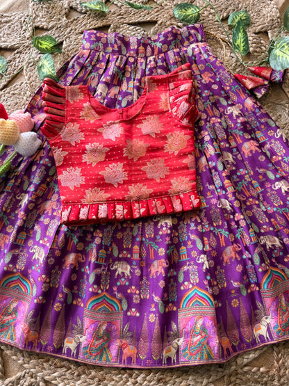 Jungle Theme Position Zari & Thread Work Kids Lehenga - Red & Purple