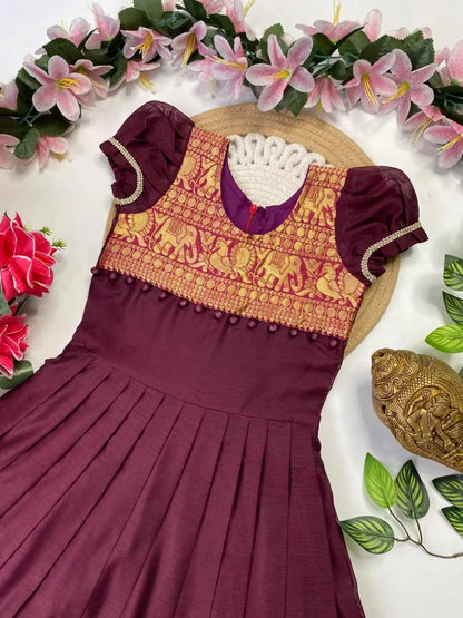 Kids Narayanpet Gown - Wine