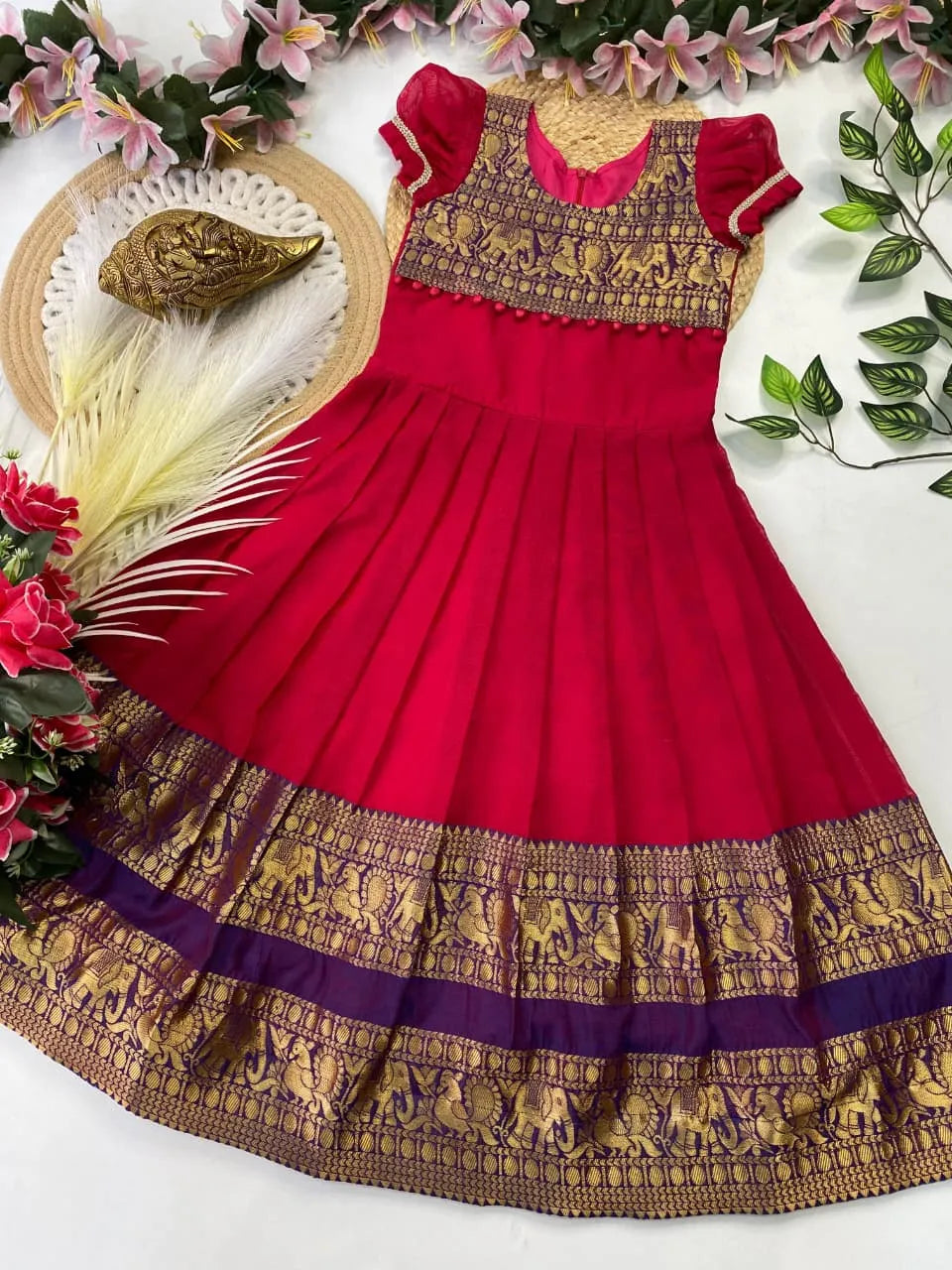 Kids Narayanpet Gown - Cherry Red