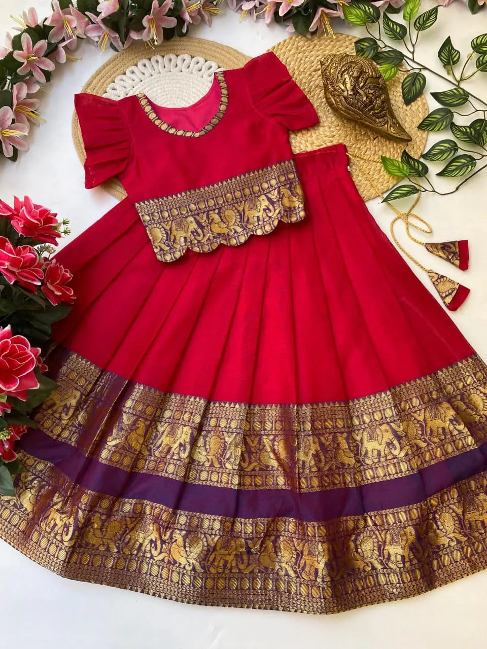 Kids Narayanpet Silk Lehenga - Cherry Red