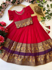 Kids Narayanpet Silk Lehenga - Cherry Red