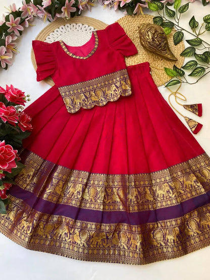 Kids Narayanpet Silk Lehenga - Cherry Red