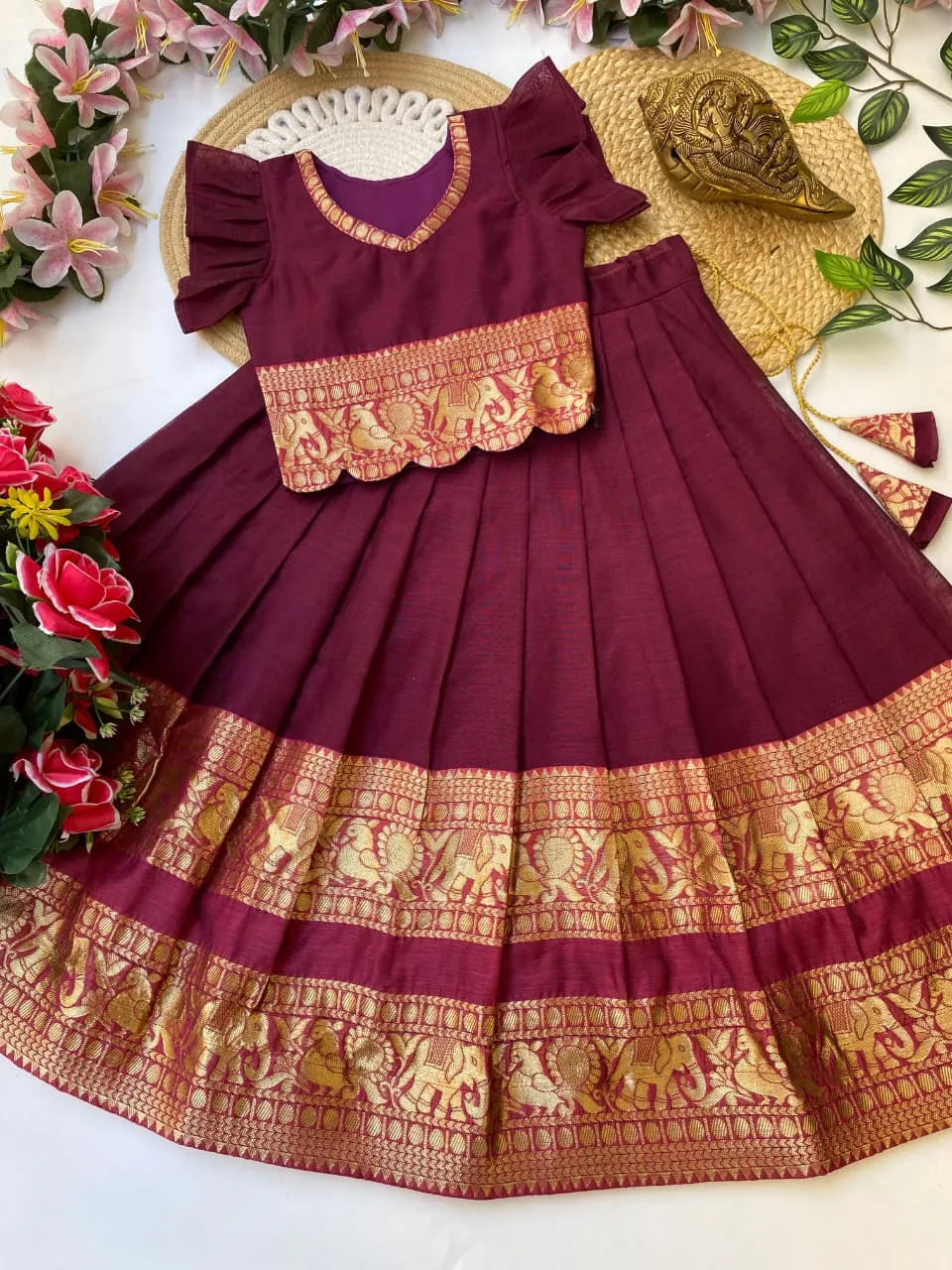 Kids Narayanpet Silk Lehenga - Wine