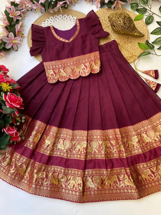 Kids Narayanpet Silk Lehenga - Wine