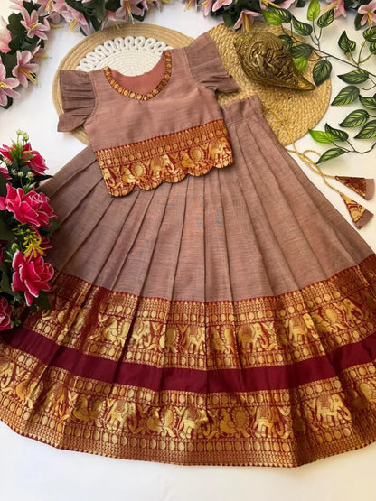 Kids Narayanpet Silk Lehenga - Brown