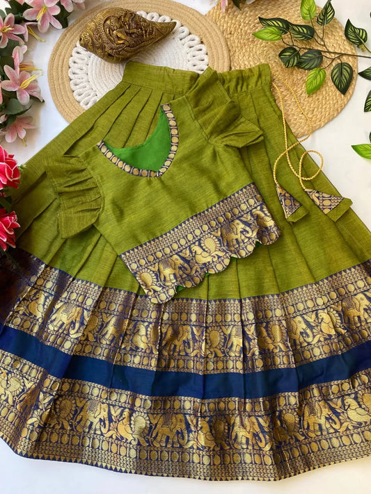 Kids Narayanpet Silk Lehenga - Parrot