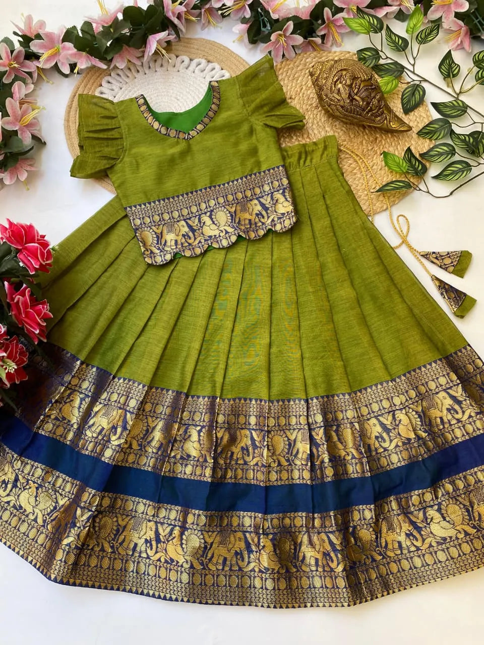 Kids Narayanpet Silk Lehenga - Parrot