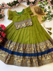 Kids Narayanpet Silk Lehenga - Parrot